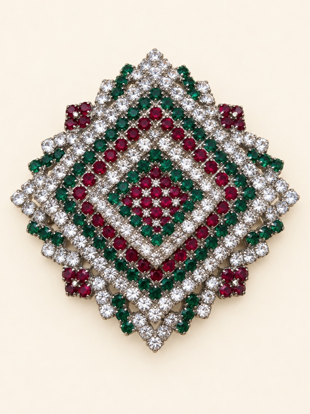 Vintage-Inspired Red, Green & Clear Crystal Statement Brooch